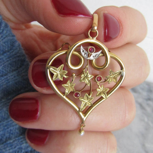 Antique Art Nouveau 18k Gold Ivy Heart Pendant with Garnet accents