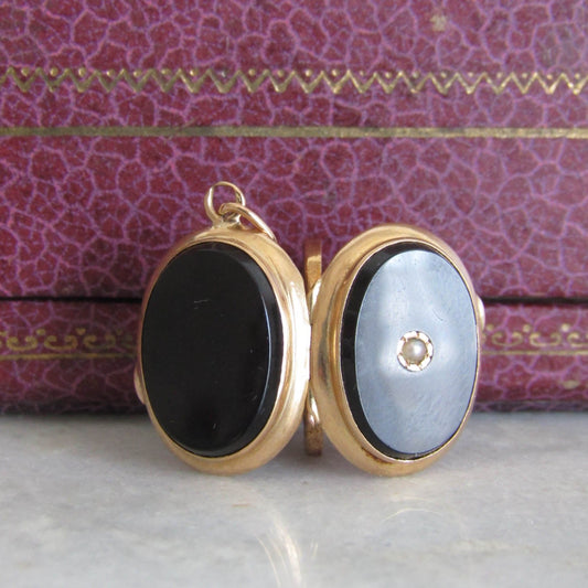 Antique 18k Onyx Pendant Locket with Hinged Glass Partition