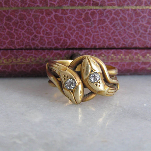 Antique 18k Solid Gold Diamond Double Snake Ring, French Belle Epoque Old European Cut Diamond Romantic Snake Jewelry