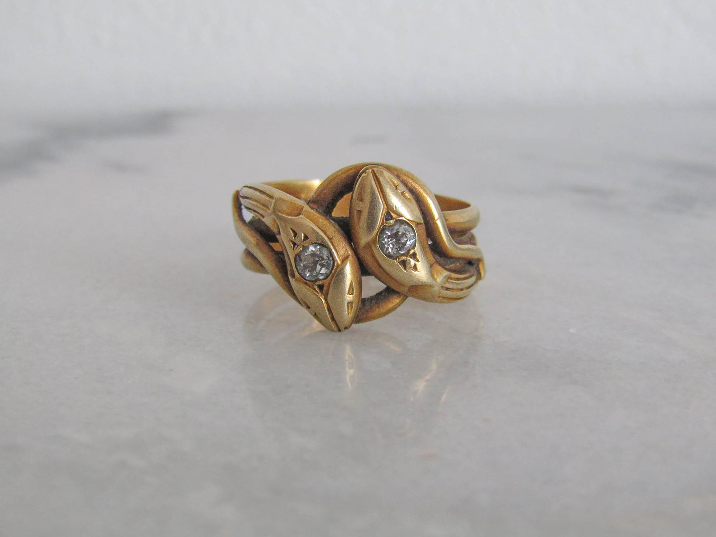 Antique 18k Solid Gold Diamond Double Snake Ring, French Belle Epoque Old European Cut Diamond Romantic Snake Jewelry