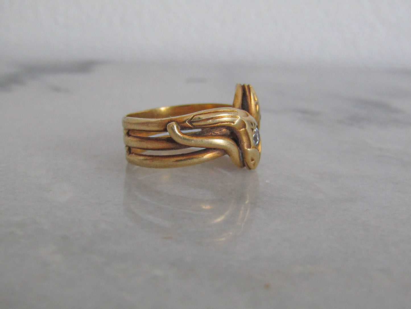 Antique 18k Solid Gold Diamond Double Snake Ring, French Belle Epoque Old European Cut Diamond Romantic Snake Jewelry