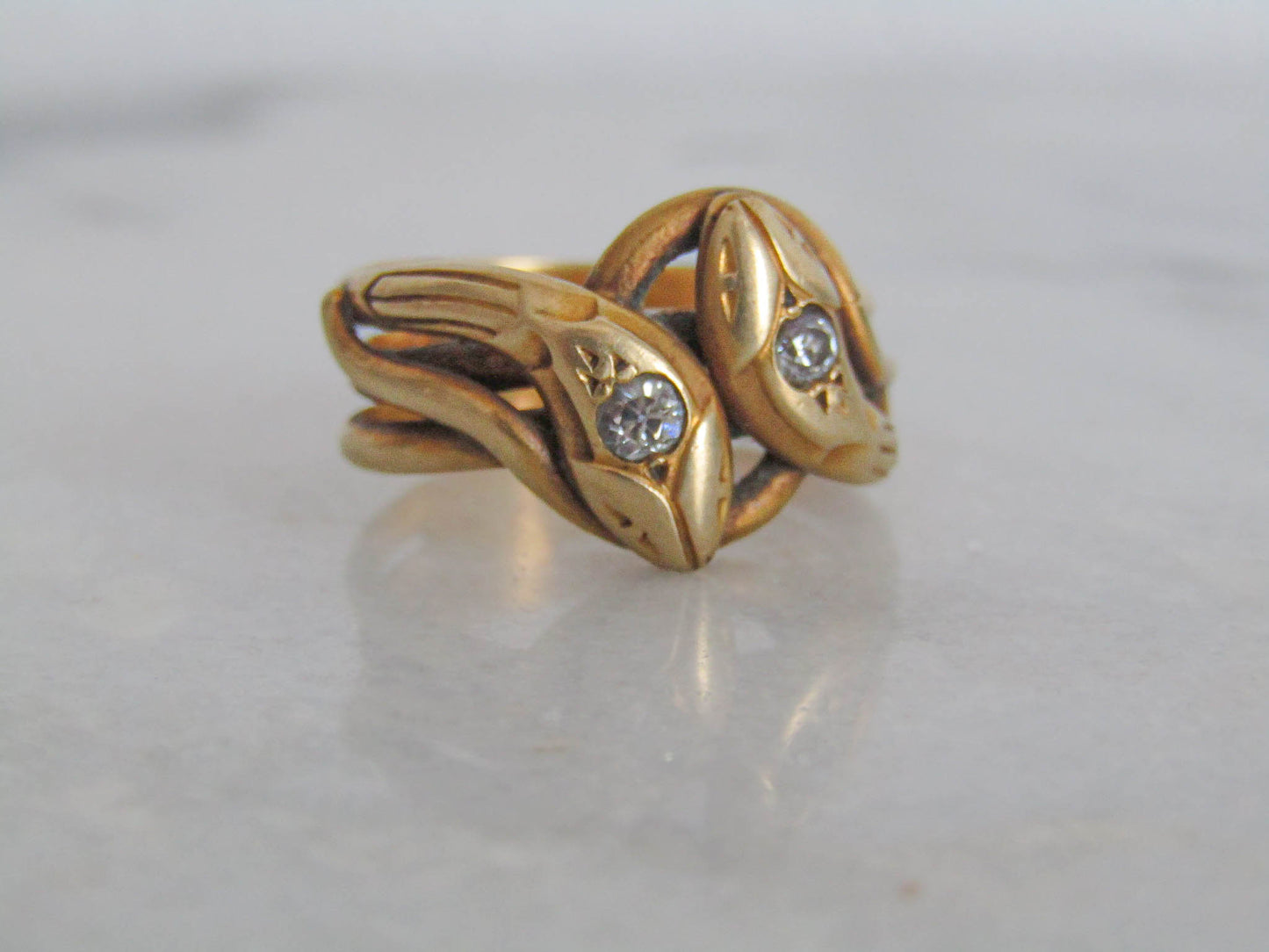 Antique 18k Solid Gold Diamond Double Snake Ring, French Belle Epoque Old European Cut Diamond Romantic Snake Jewelry