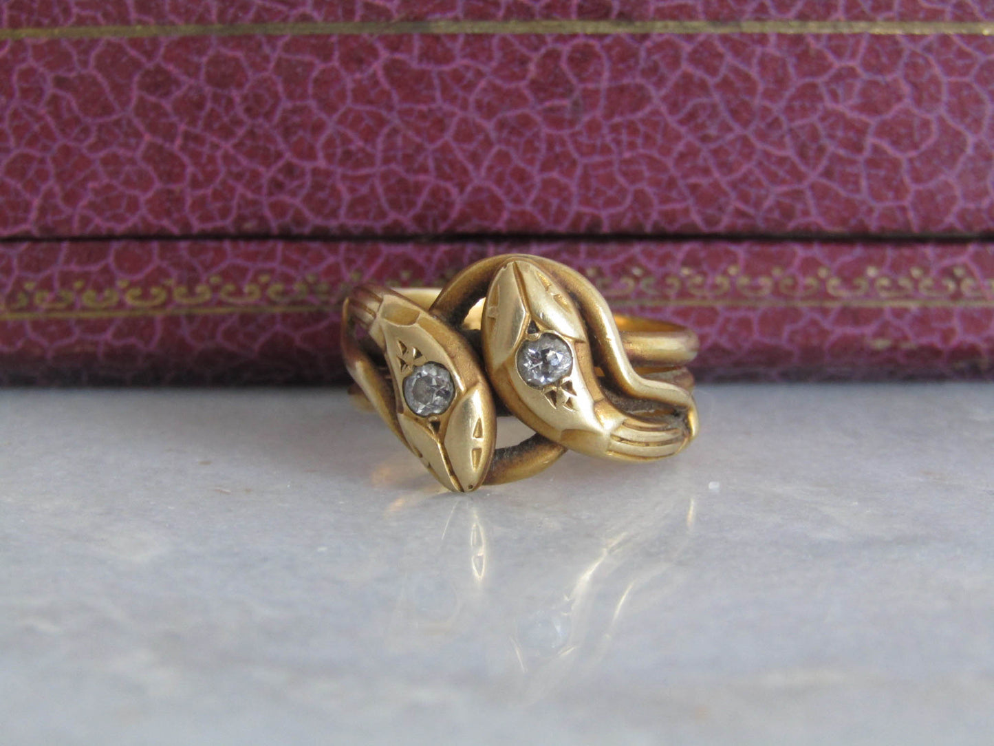 Antique 18k Solid Gold Diamond Double Snake Ring, French Belle Epoque Old European Cut Diamond Romantic Snake Jewelry