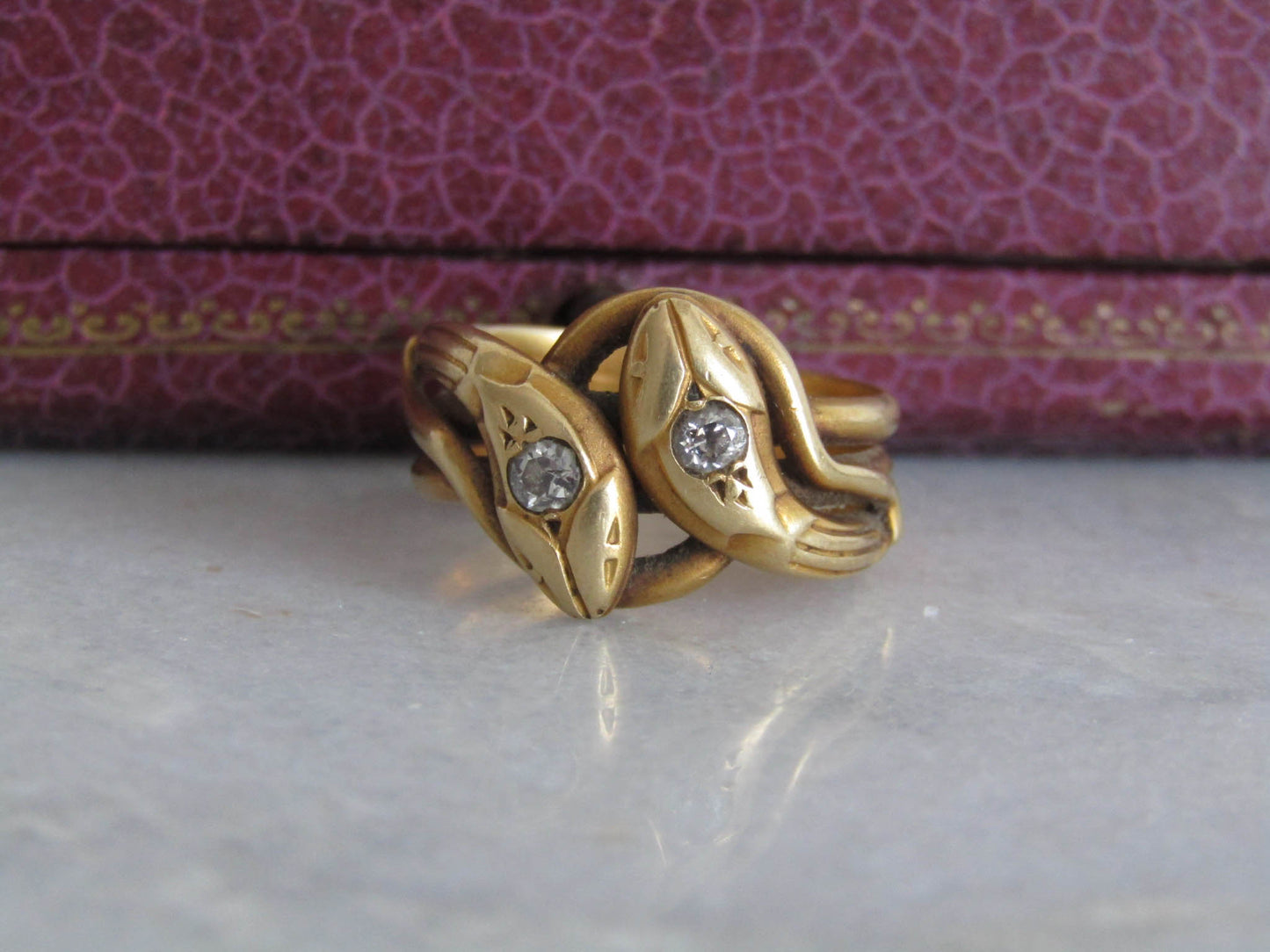 Antique 18k Solid Gold Diamond Double Snake Ring, French Belle Epoque Old European Cut Diamond Romantic Snake Jewelry