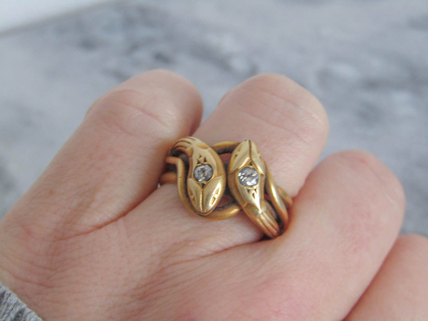 Antique 18k Solid Gold Diamond Double Snake Ring, French Belle Epoque Old European Cut Diamond Romantic Snake Jewelry