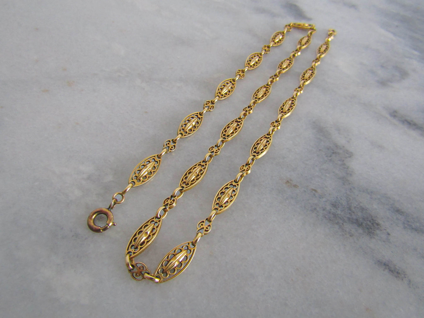 16" Antique 18K Solid Gold Victorian Necklace Chain, French Belle Epoque Fancy Chain