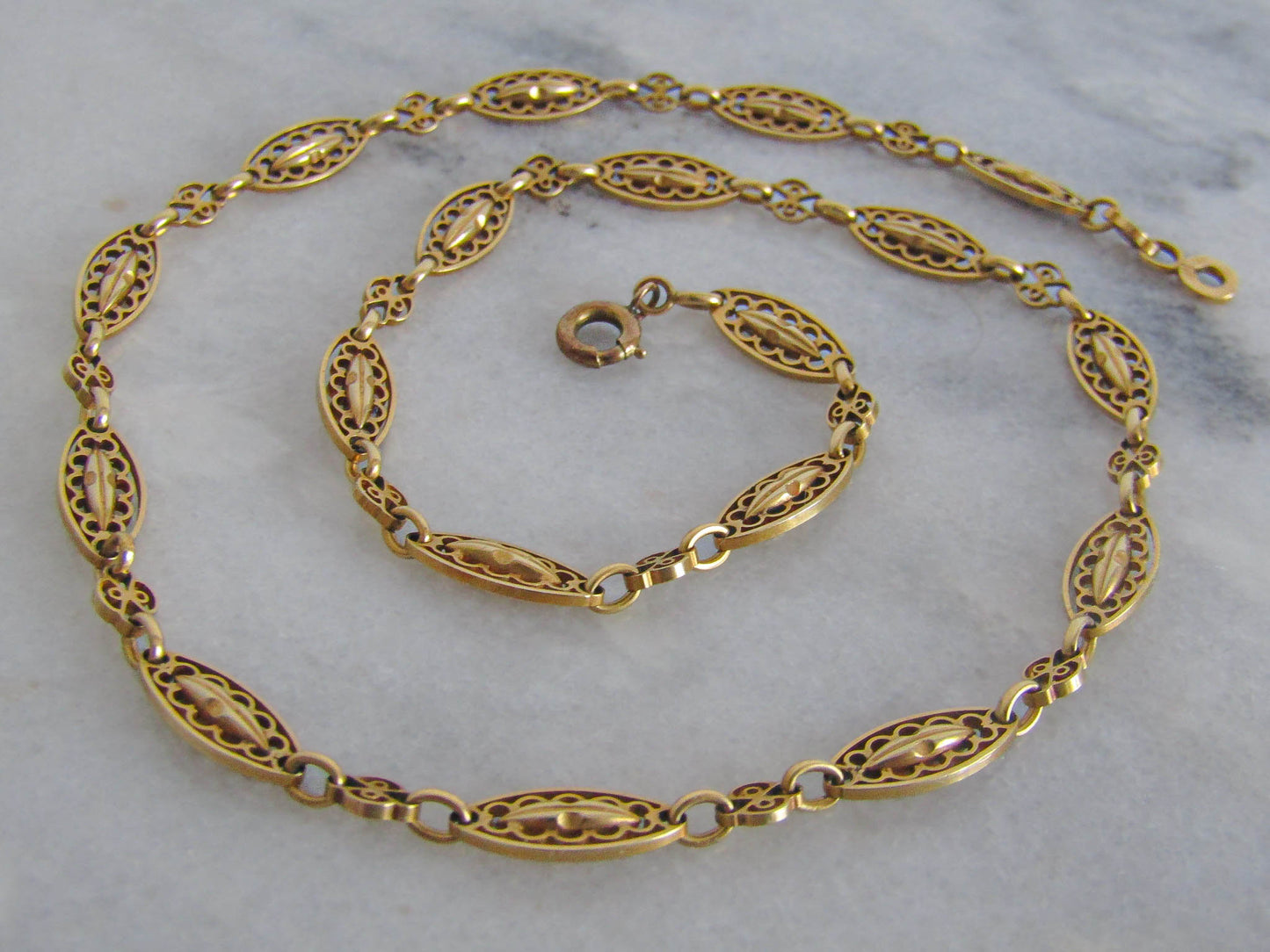 16" Antique 18K Solid Gold Victorian Necklace Chain, French Belle Epoque Fancy Chain