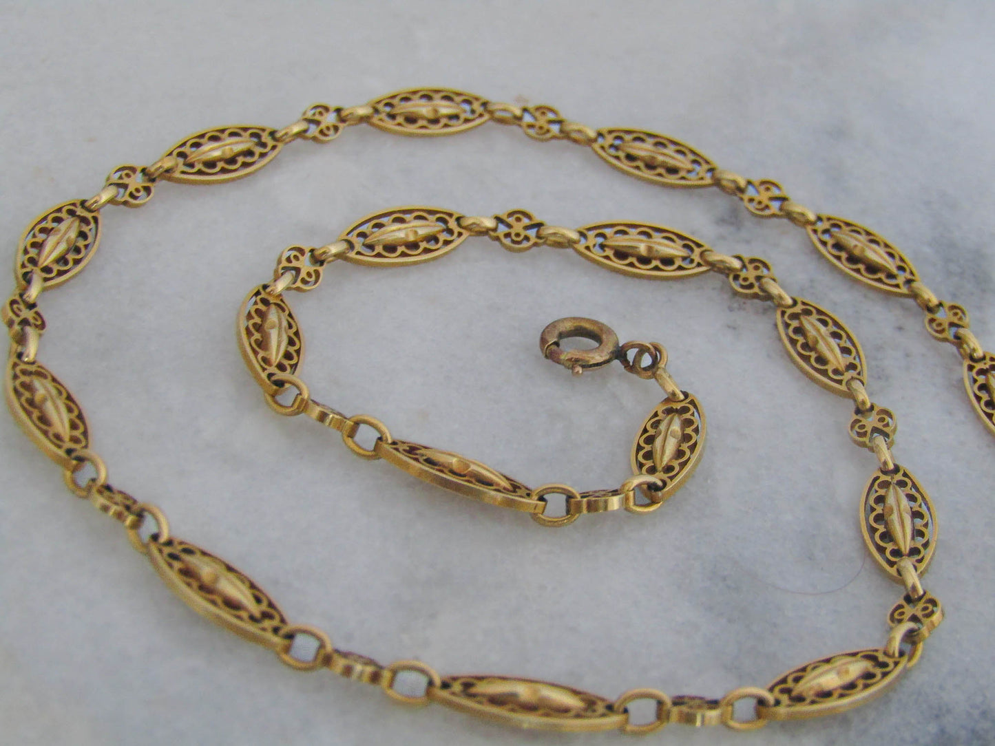 16" Antique 18K Solid Gold Victorian Necklace Chain, French Belle Epoque Fancy Chain