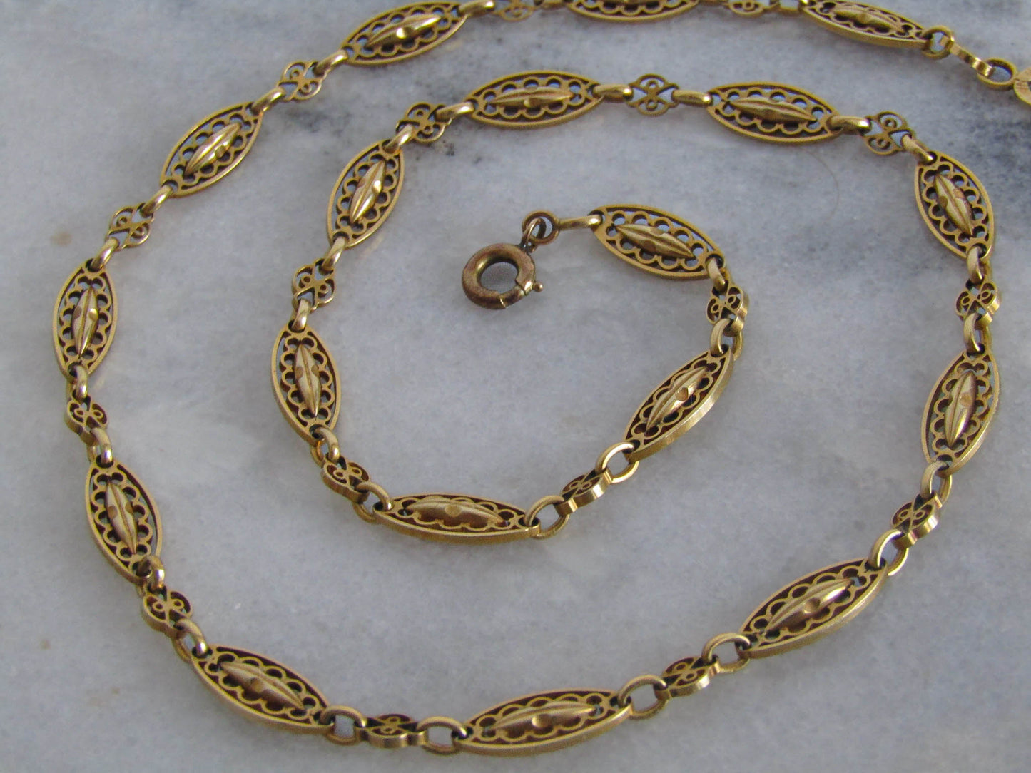 16" Antique 18K Solid Gold Victorian Necklace Chain, French Belle Epoque Fancy Chain