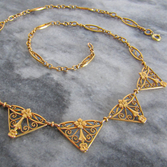 18K Solid Gold Drapery Necklace, Antique Art Nouveau Choker Necklace c. 1900