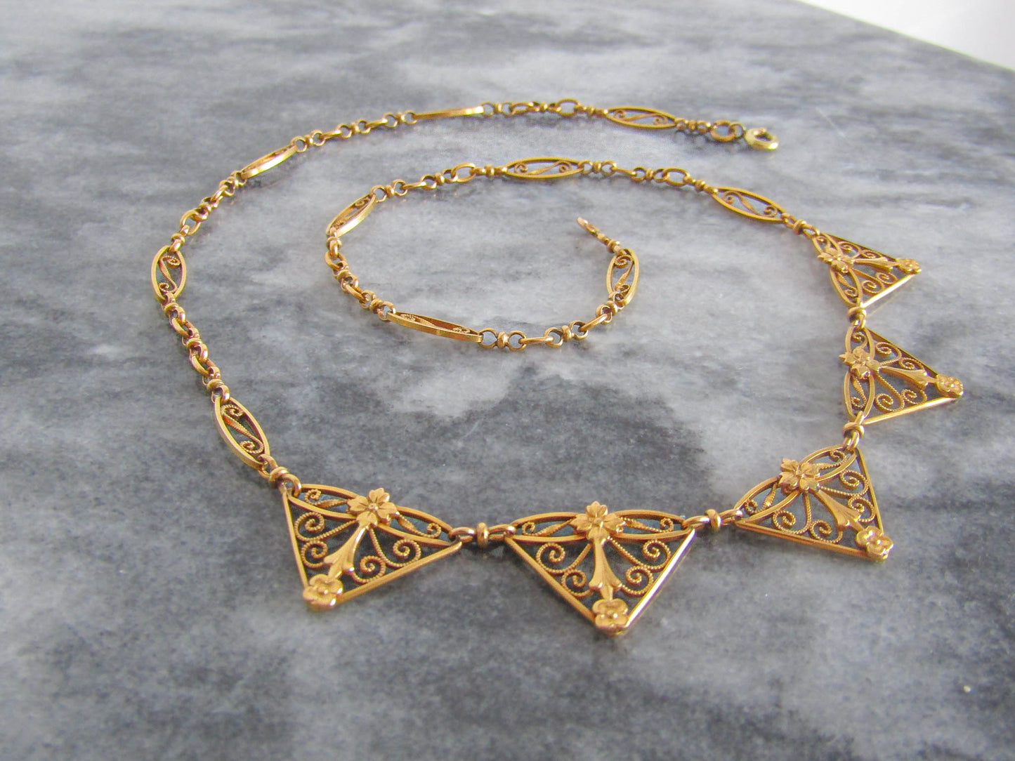 18K Solid Gold Drapery Necklace, Antique Art Nouveau Choker Necklace c. 1900