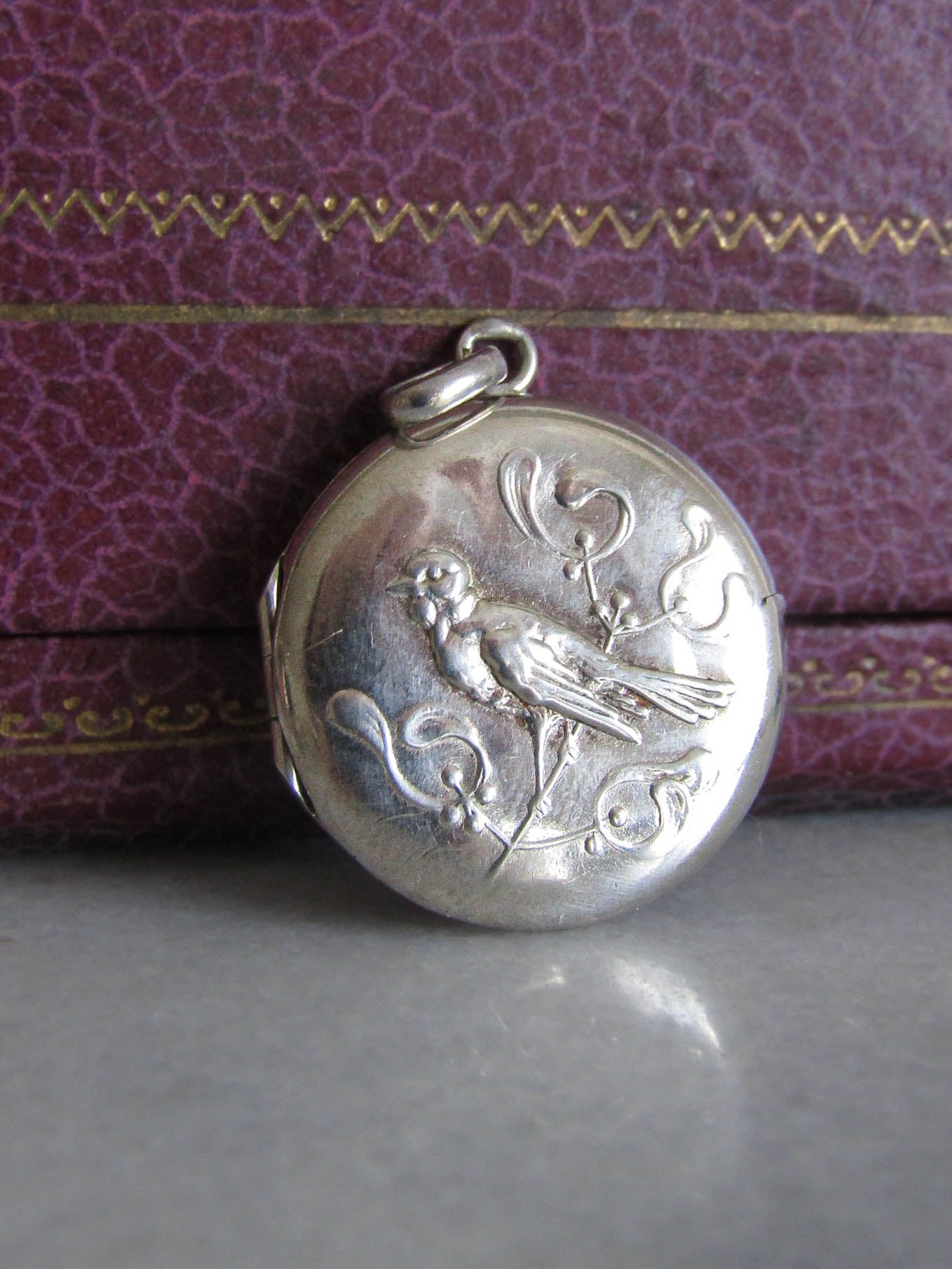 Antique Silver Mistle thrush and Mistletoe Art Nouveu Locket c. 1900