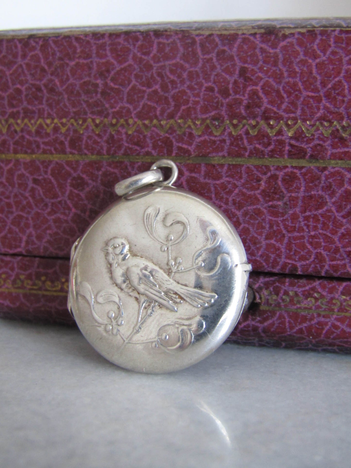 Antique Silver Mistle thrush and Mistletoe Art Nouveu Locket c. 1900