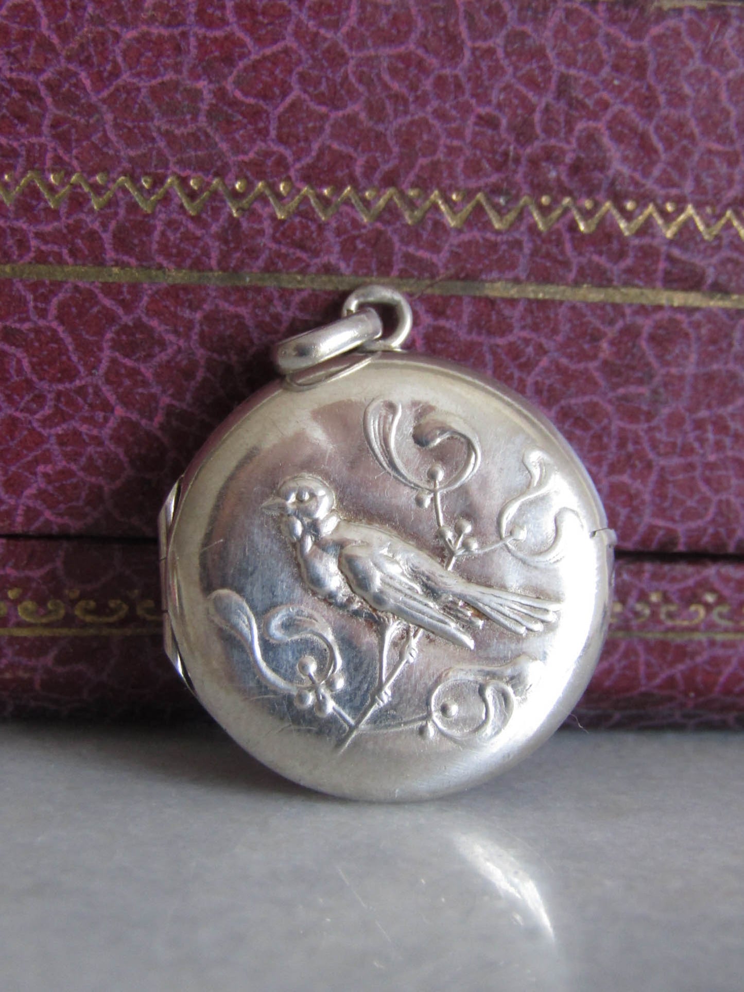 Antique Silver Mistle thrush and Mistletoe Art Nouveu Locket c. 1900