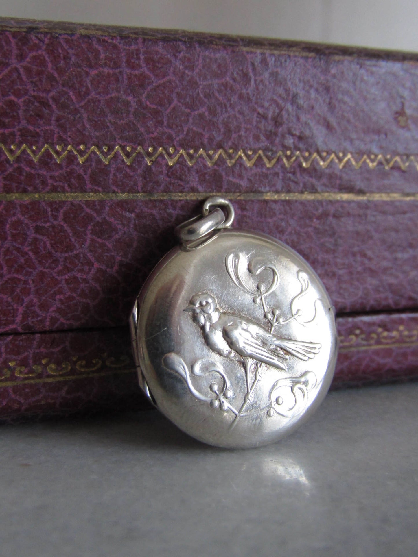 Antique Silver Mistle thrush and Mistletoe Art Nouveu Locket c. 1900