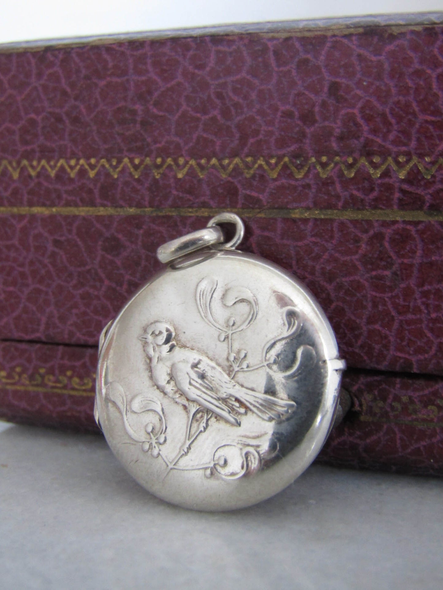 Antique Silver Mistle thrush and Mistletoe Art Nouveu Locket c. 1900