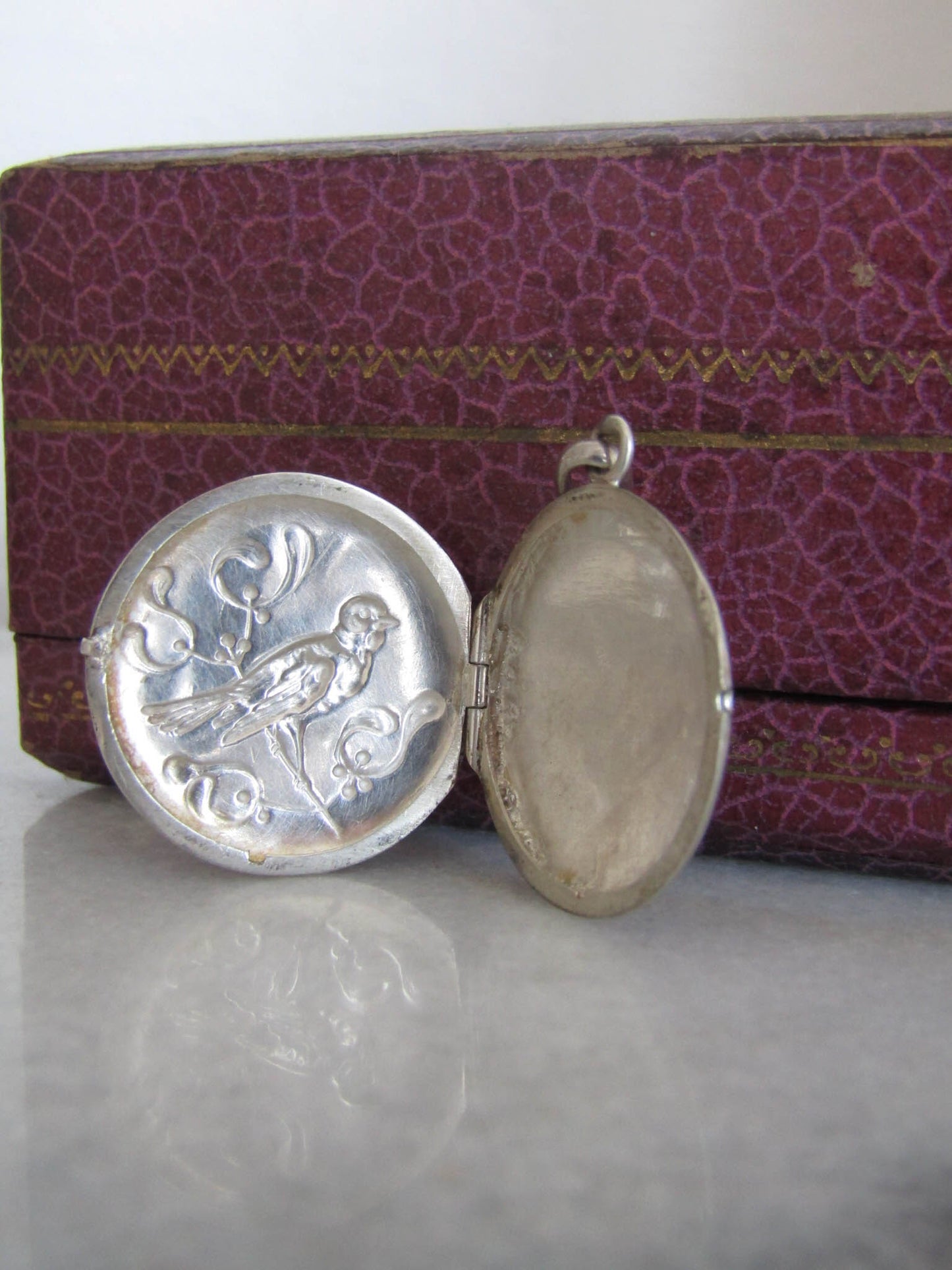 Antique Silver Mistle thrush and Mistletoe Art Nouveu Locket c. 1900