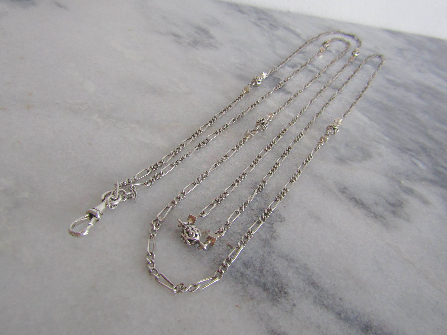 57" Silver Victorian Long Guard Chain with Hanging Dog Clip Clasp