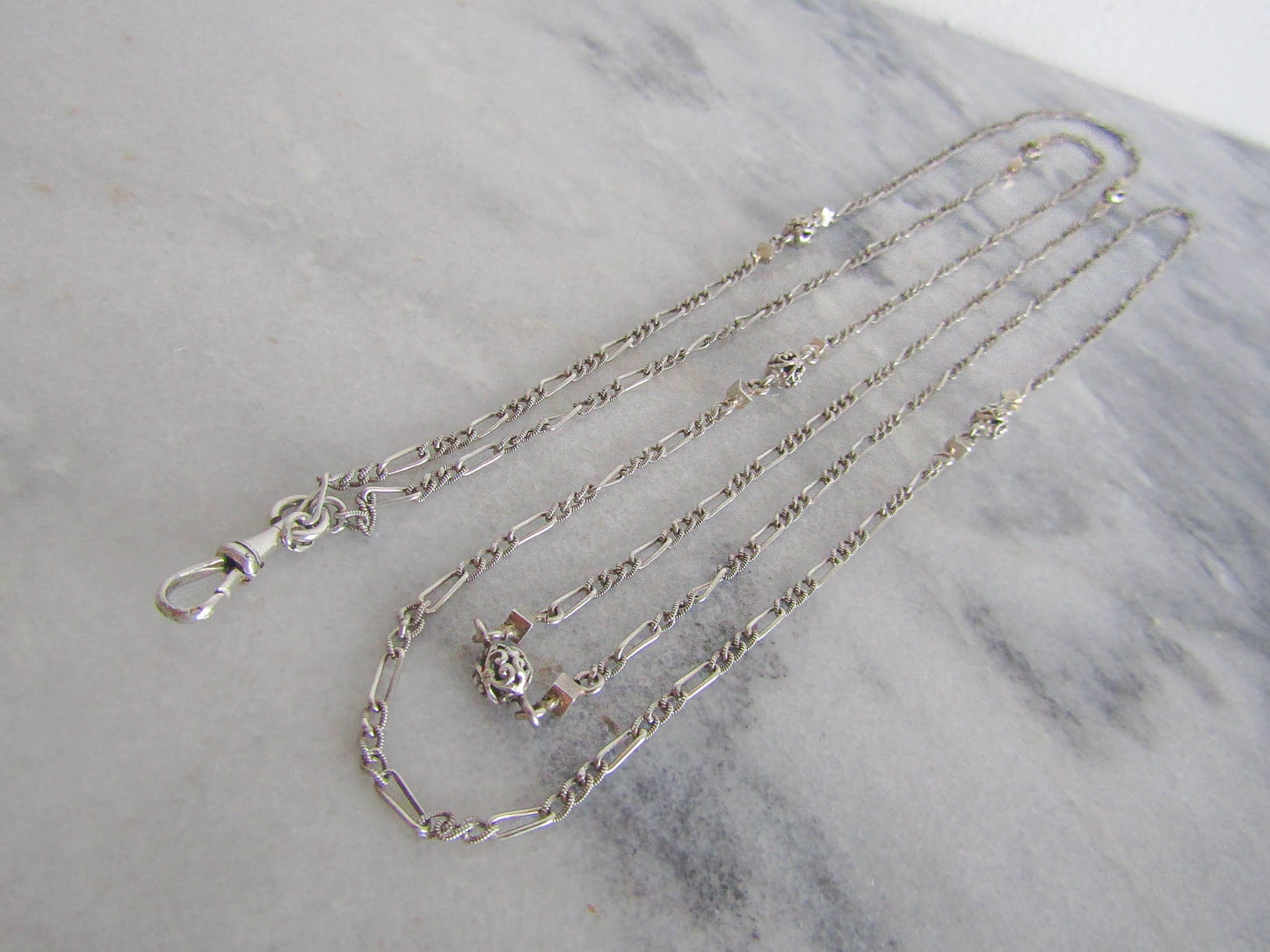 57" Silver Victorian Long Guard Chain with Hanging Dog Clip Clasp