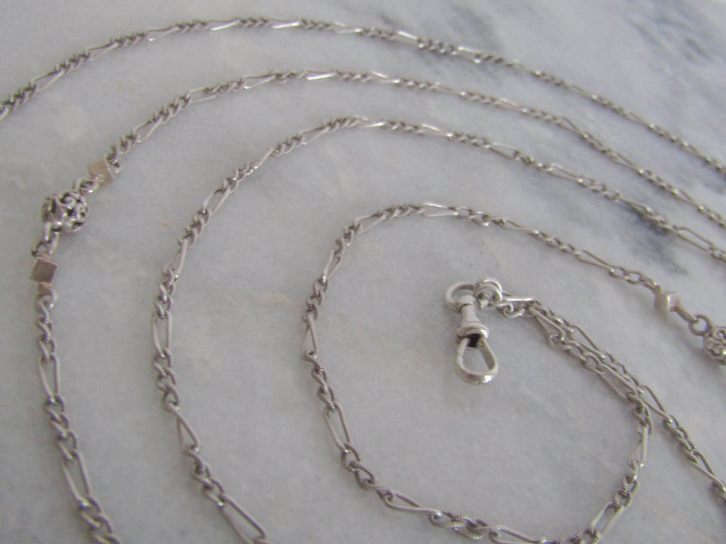 57" Silver Victorian Long Guard Chain with Hanging Dog Clip Clasp