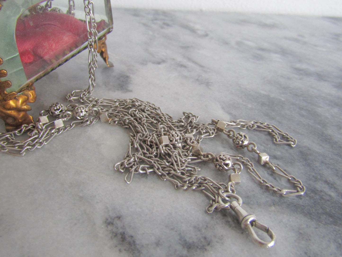 57" Silver Victorian Long Guard Chain with Hanging Dog Clip Clasp