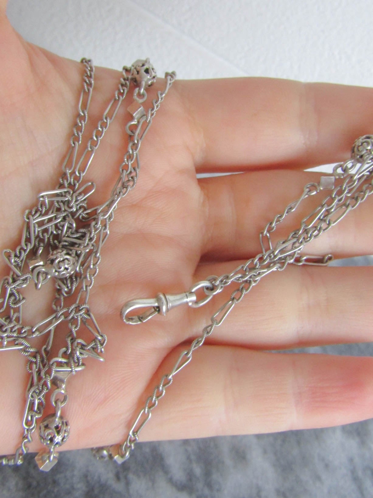 57" Silver Victorian Long Guard Chain with Hanging Dog Clip Clasp