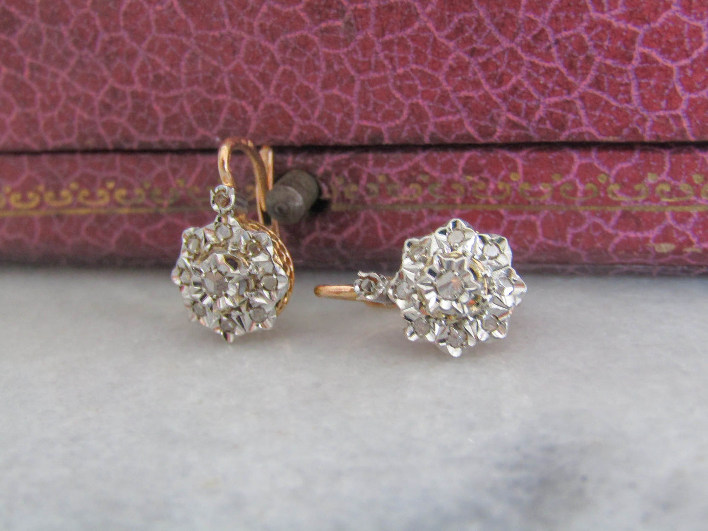 Antique Platinum and 18K Gold French Victorian Belle Epoque Diamond Earrings c. 1900