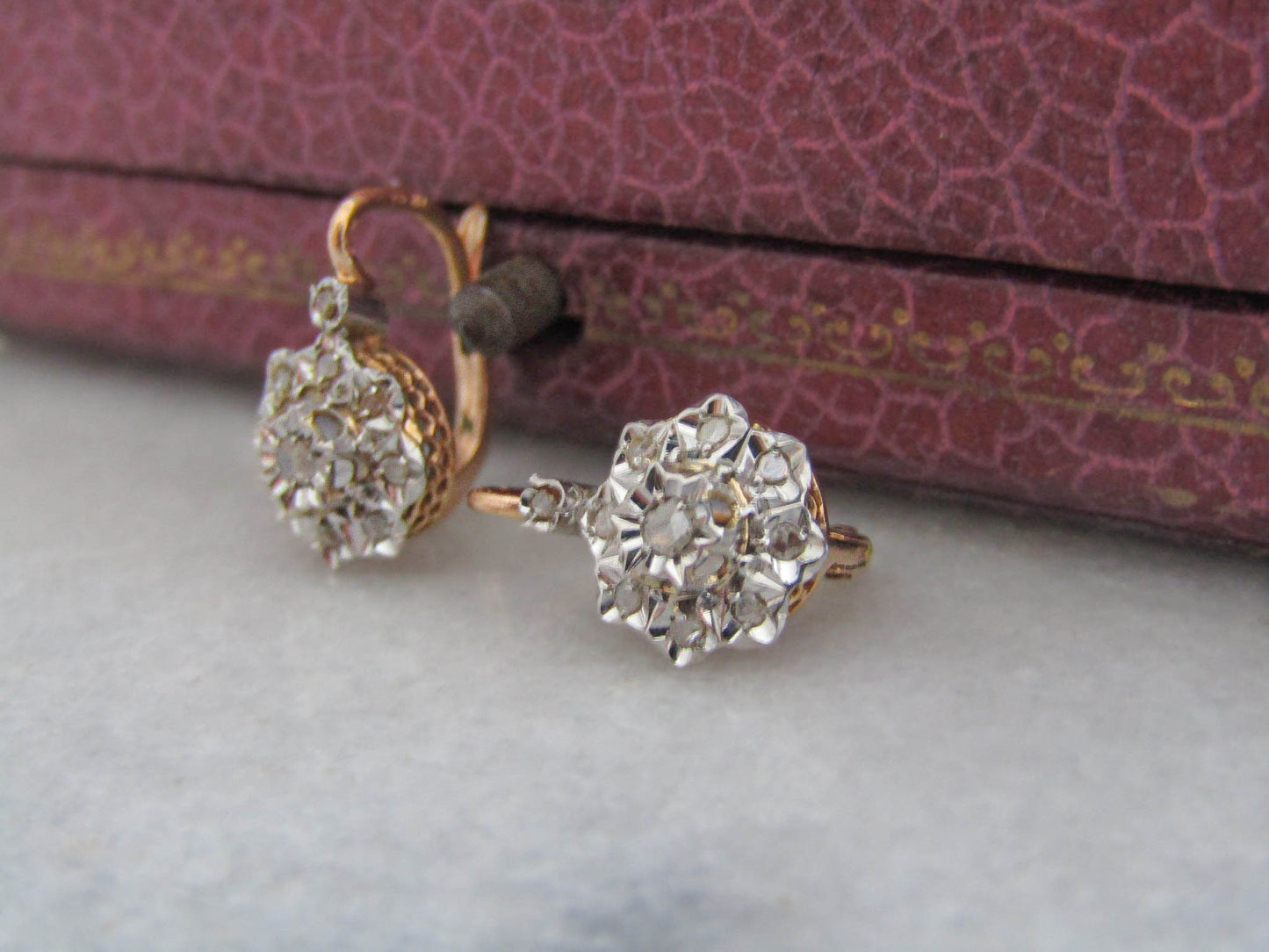 Antique Platinum and 18K Gold French Victorian Belle Epoque Diamond Earrings c. 1900