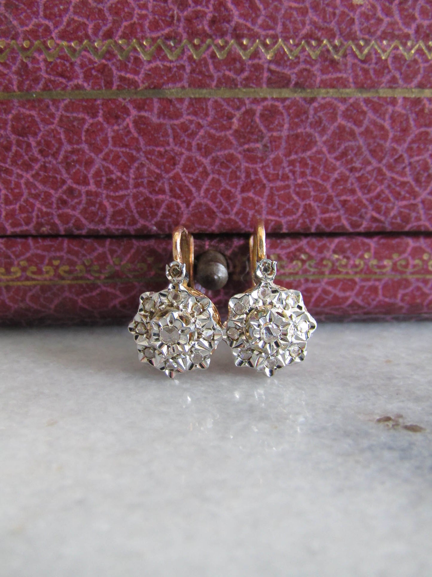 Antique Platinum and 18K Gold French Victorian Belle Epoque Diamond Earrings c. 1900