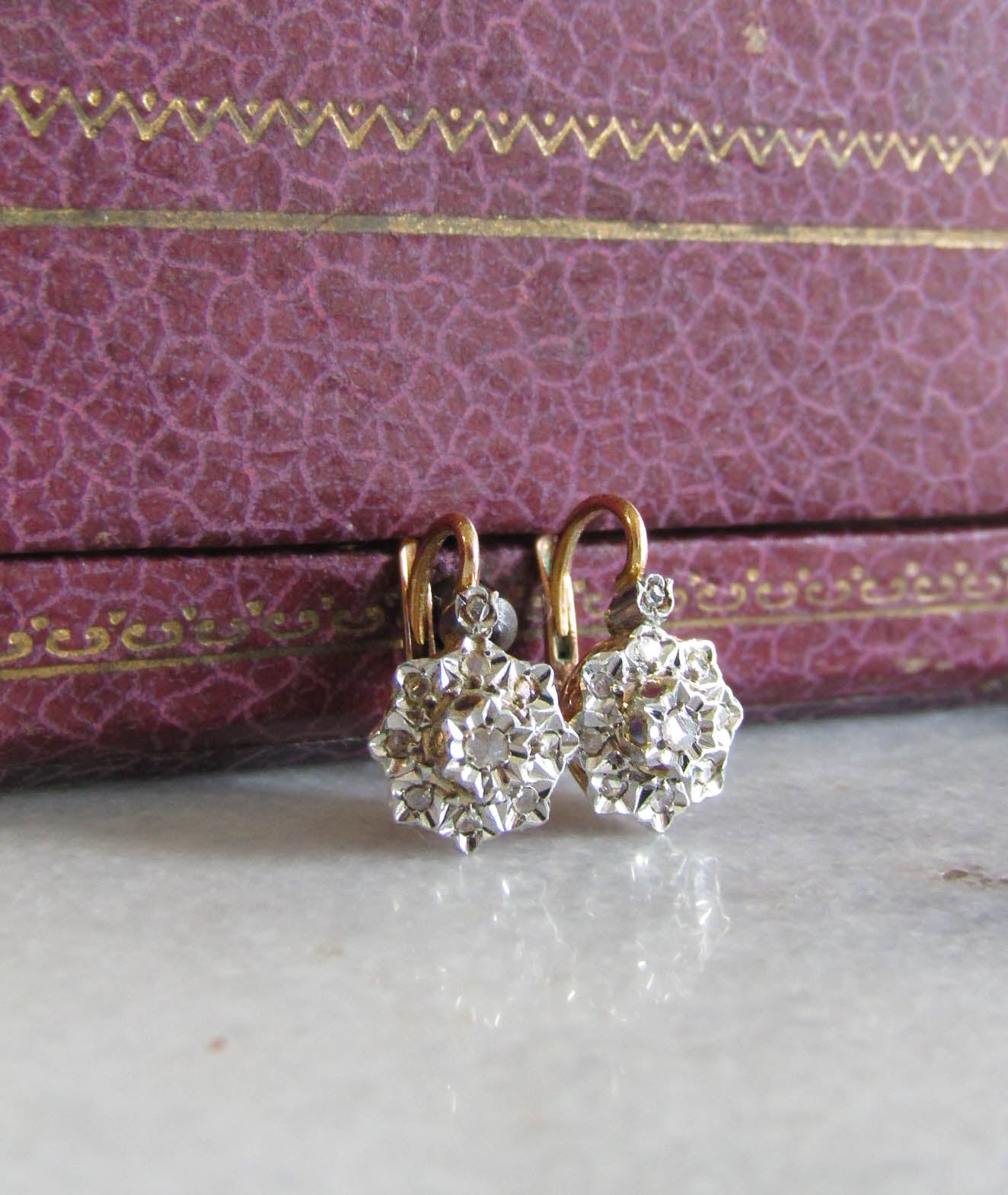 Antique Platinum and 18K Gold French Victorian Belle Epoque Diamond Earrings c. 1900