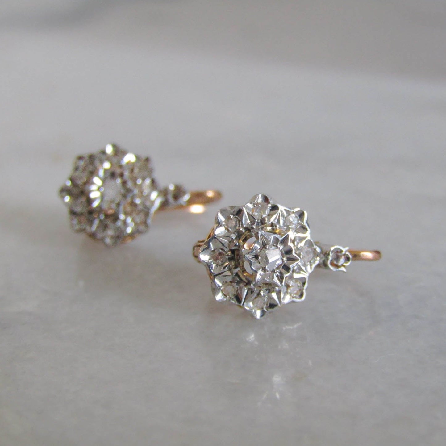 Antique Platinum and 18K Gold French Victorian Belle Epoque Diamond Earrings c. 1900