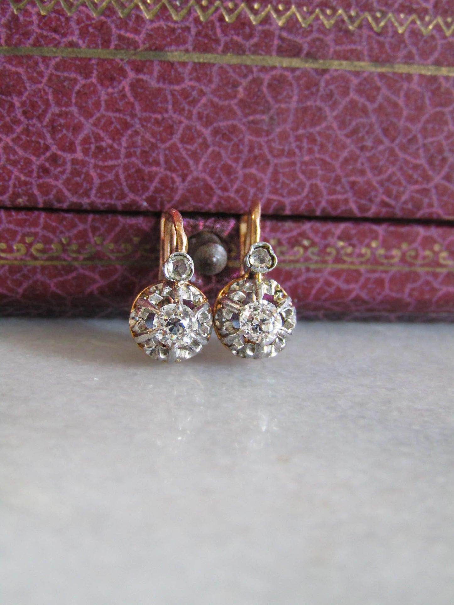 Antique Old European Cut Diamond Drop Earrings, 18K Gold and Platinum Earrings c. 1900