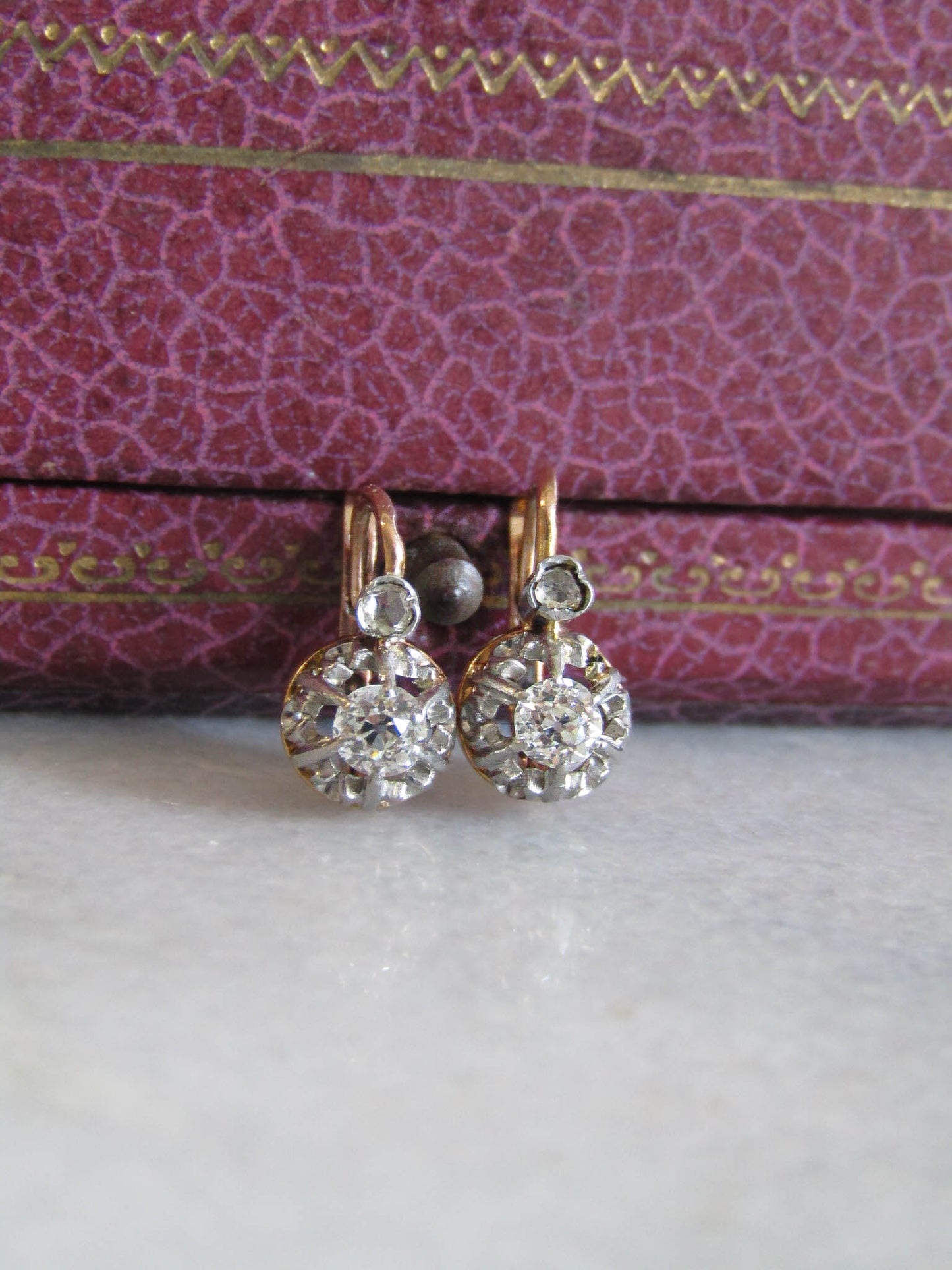 Antique Old European Cut Diamond Drop Earrings, 18K Gold and Platinum Earrings c. 1900