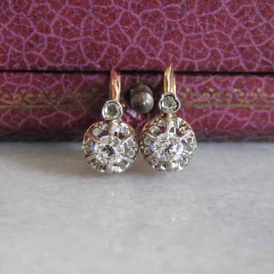 Antique Old European Cut Diamond Drop Earrings, 18K Gold and Platinum Earrings c. 1900