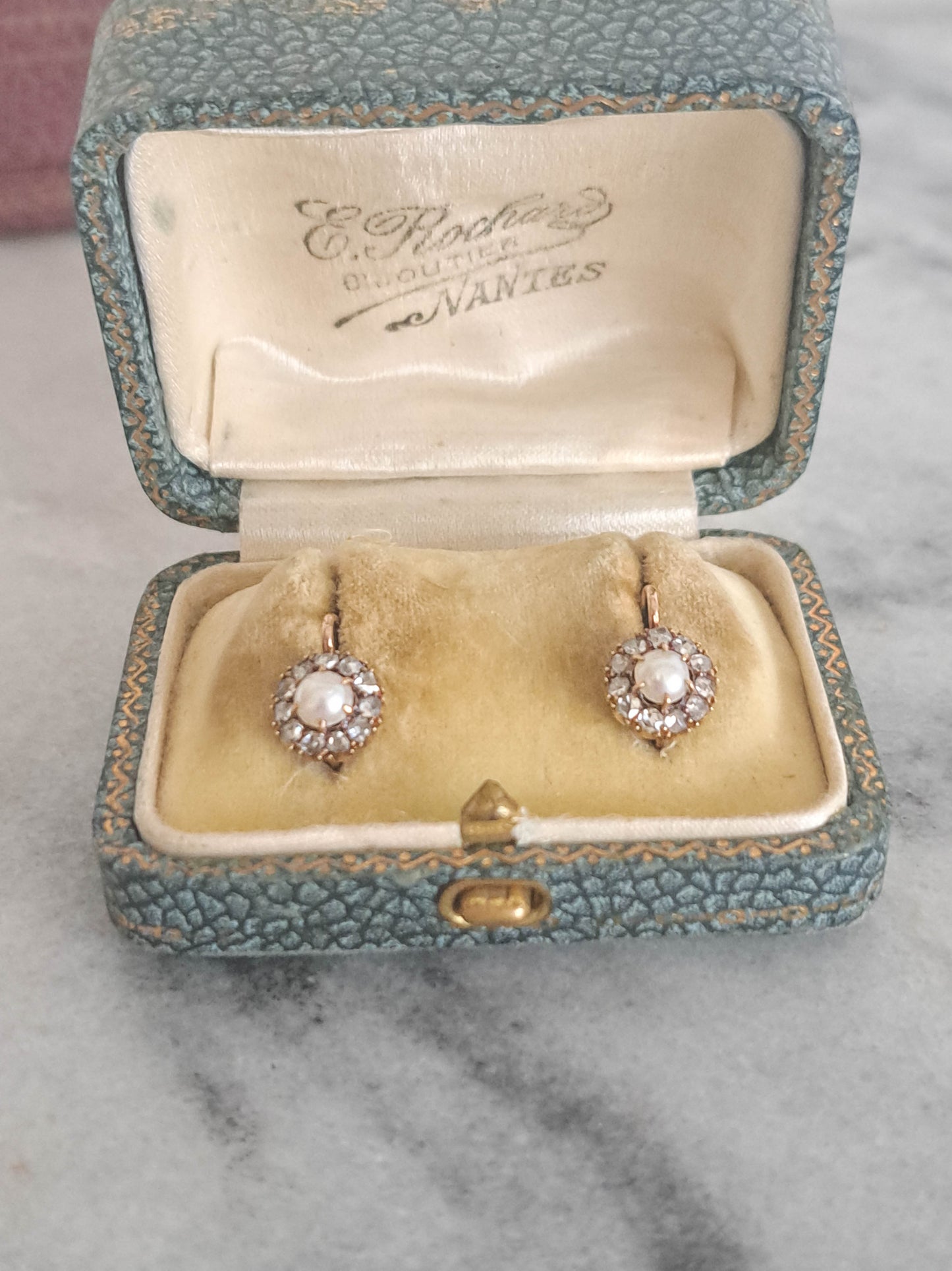 BOXED - Antique 14K Gold Diamond and Pearl Cluster Earrings, French Edwardian Daisy Earrings c. 1900