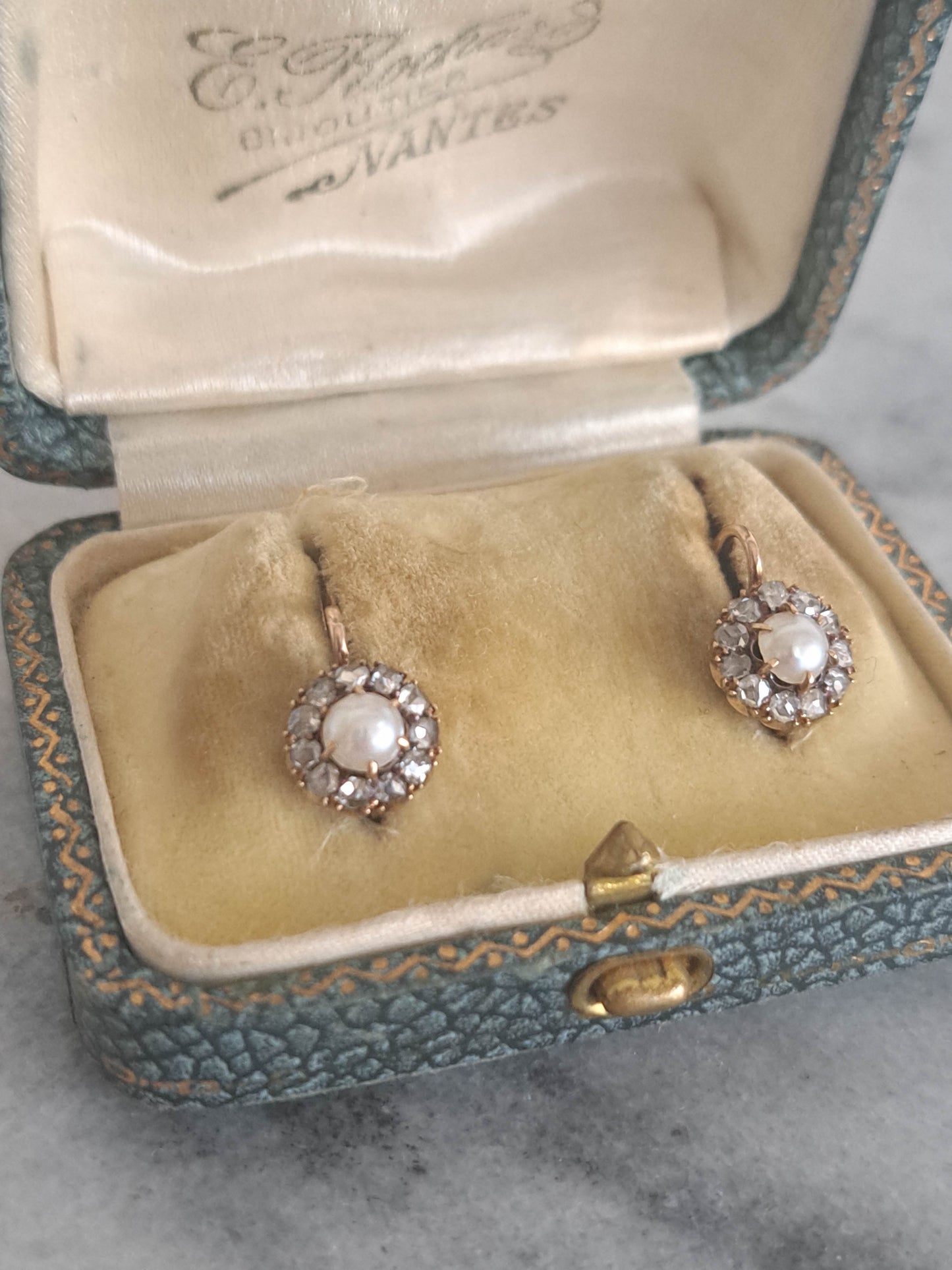 BOXED - Antique 14K Gold Diamond and Pearl Cluster Earrings, French Edwardian Daisy Earrings c. 1900