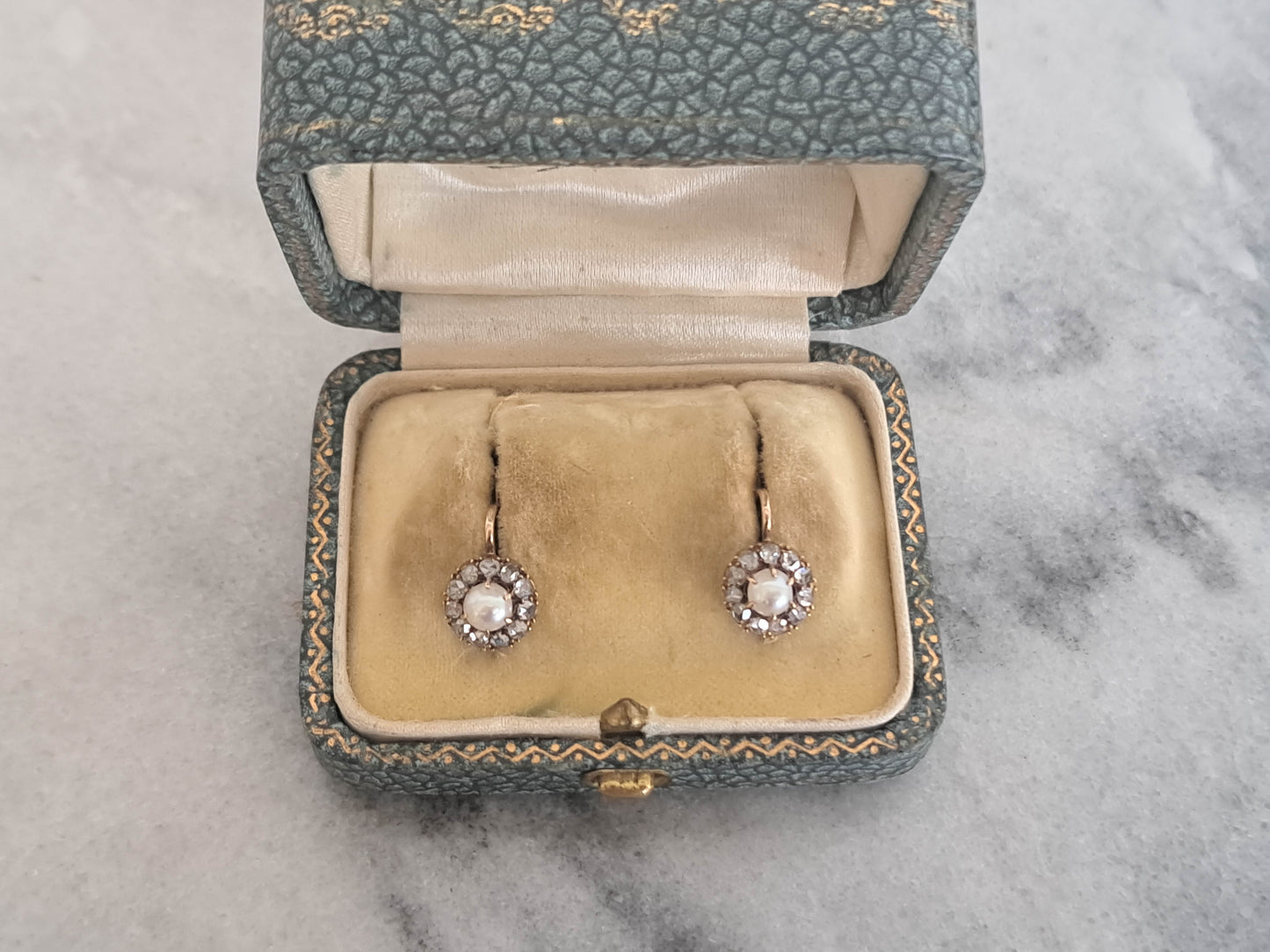 BOXED - Antique 14K Gold Diamond and Pearl Cluster Earrings, French Edwardian Daisy Earrings c. 1900