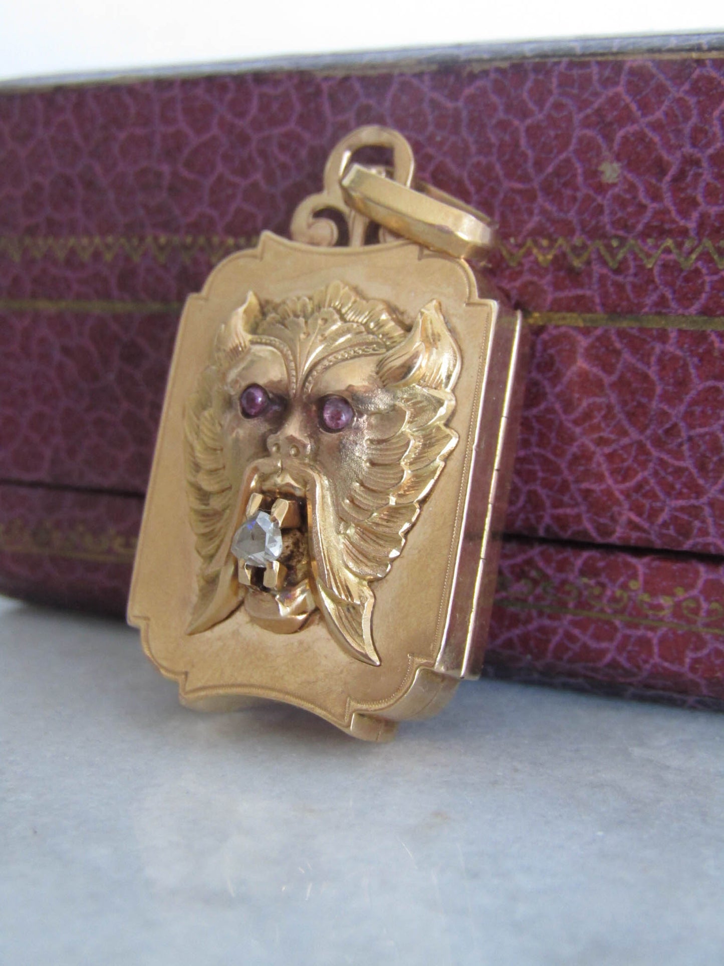 RARE - Antique Faun/Pan/Satyr 18K gold Locket with Ruby Eyes and Rose Cut Diamond