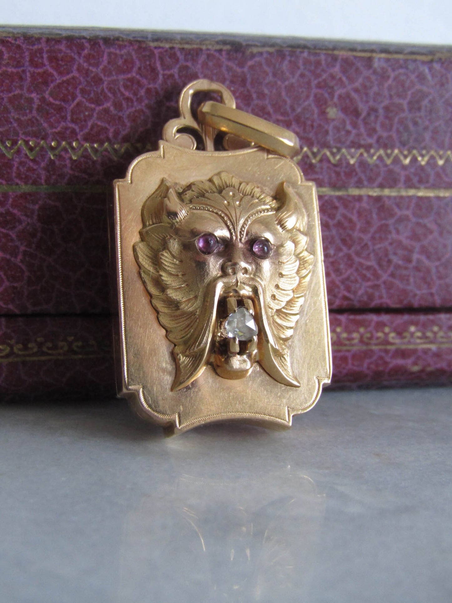 RARE - Antique Faun/Pan/Satyr 18K gold Locket with Ruby Eyes and Rose Cut Diamond