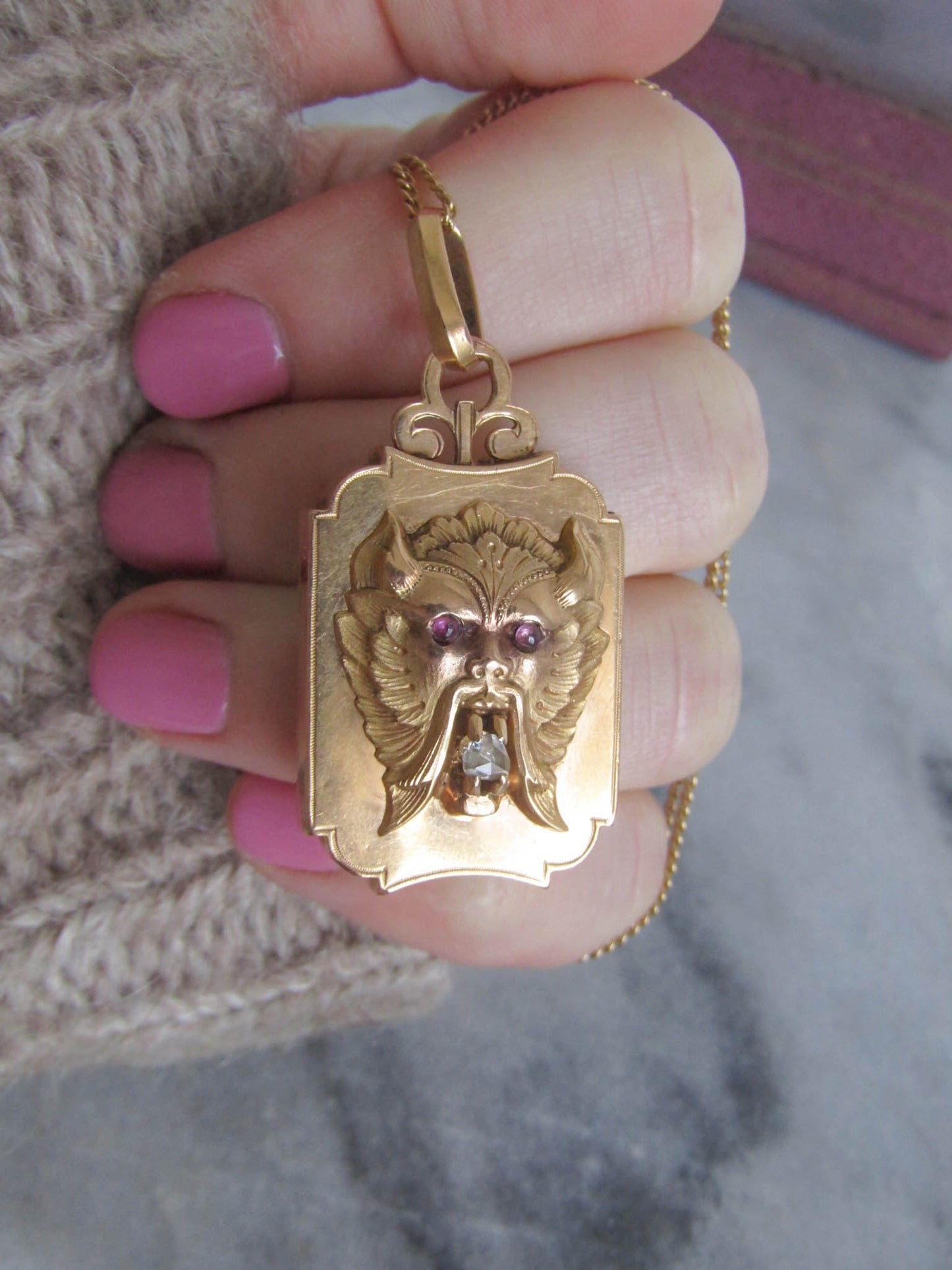 RARE - Antique Faun/Pan/Satyr 18K gold Locket with Ruby Eyes and Rose Cut Diamond