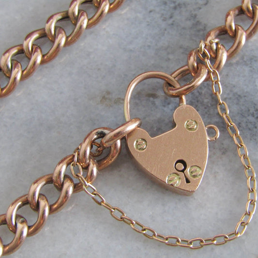 Antique 9 ct Edwardian Curb Bracelet with Heart Padlock