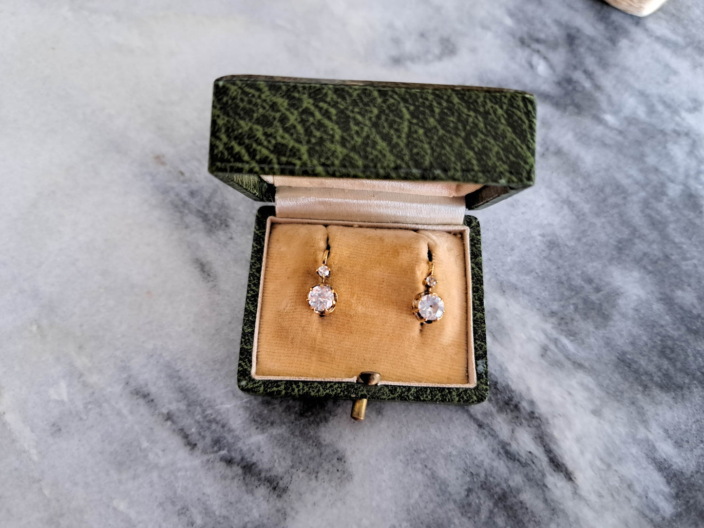 BOXED- 18K Gold White Sapphire Drop Earrings, Antique French Old European Cut Earrings