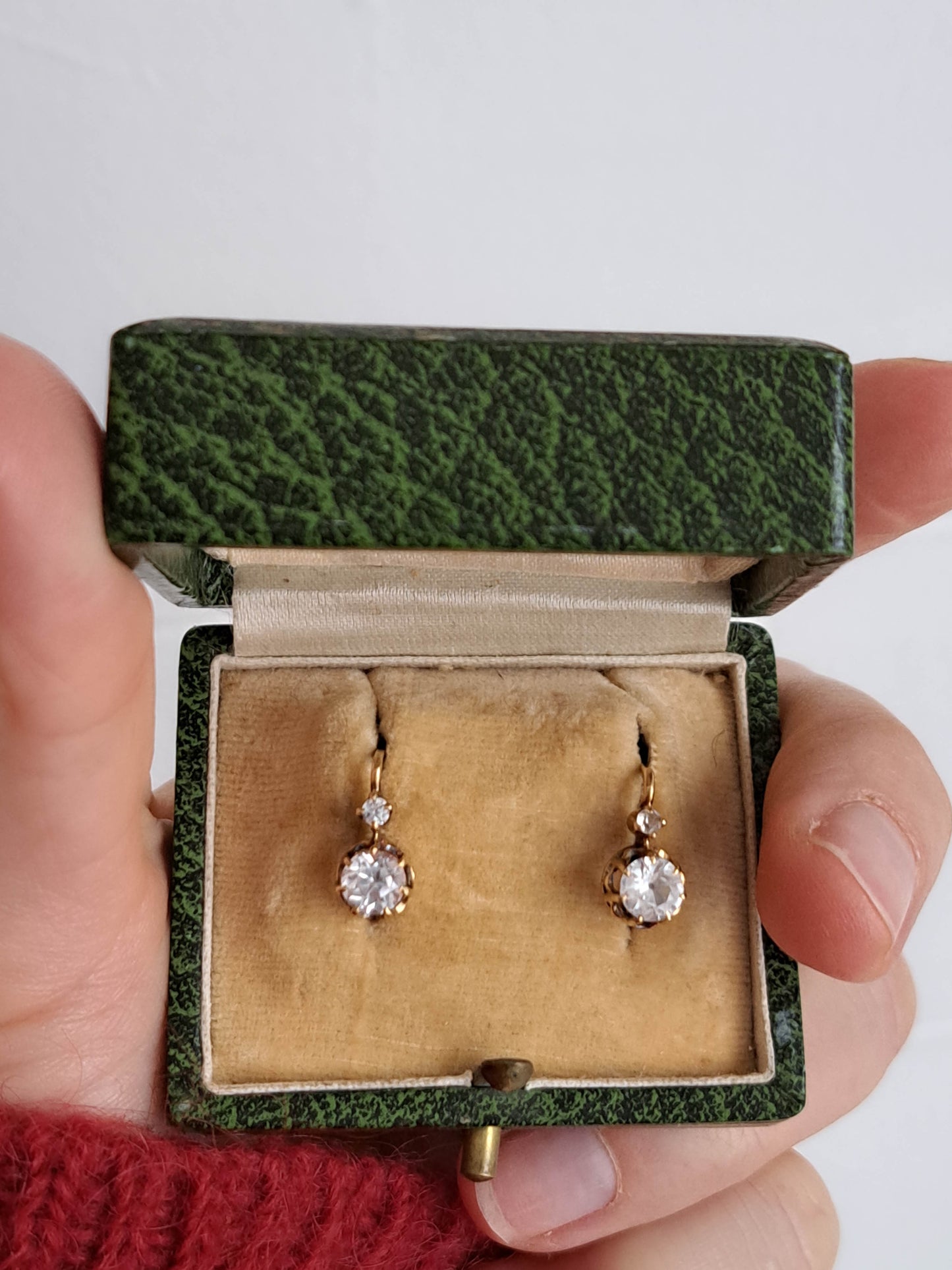 BOXED- 18K Gold White Sapphire Drop Earrings, Antique French Old European Cut Earrings