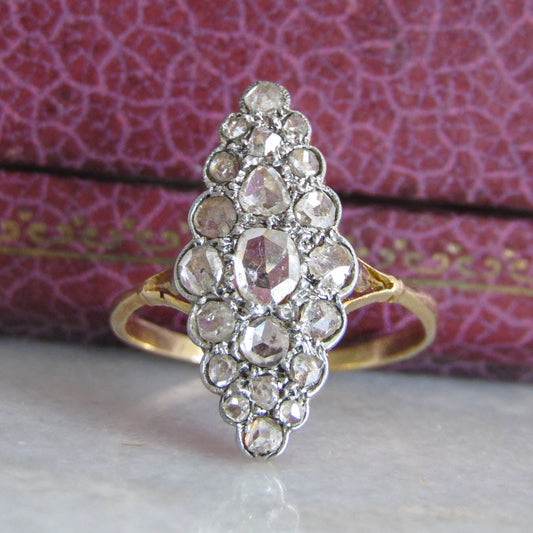 Edwardian Rose Cut Diamond Cluster Navette Ring, 18K Gold and Platinum Belle Epoque French Statement Ring c. 1900