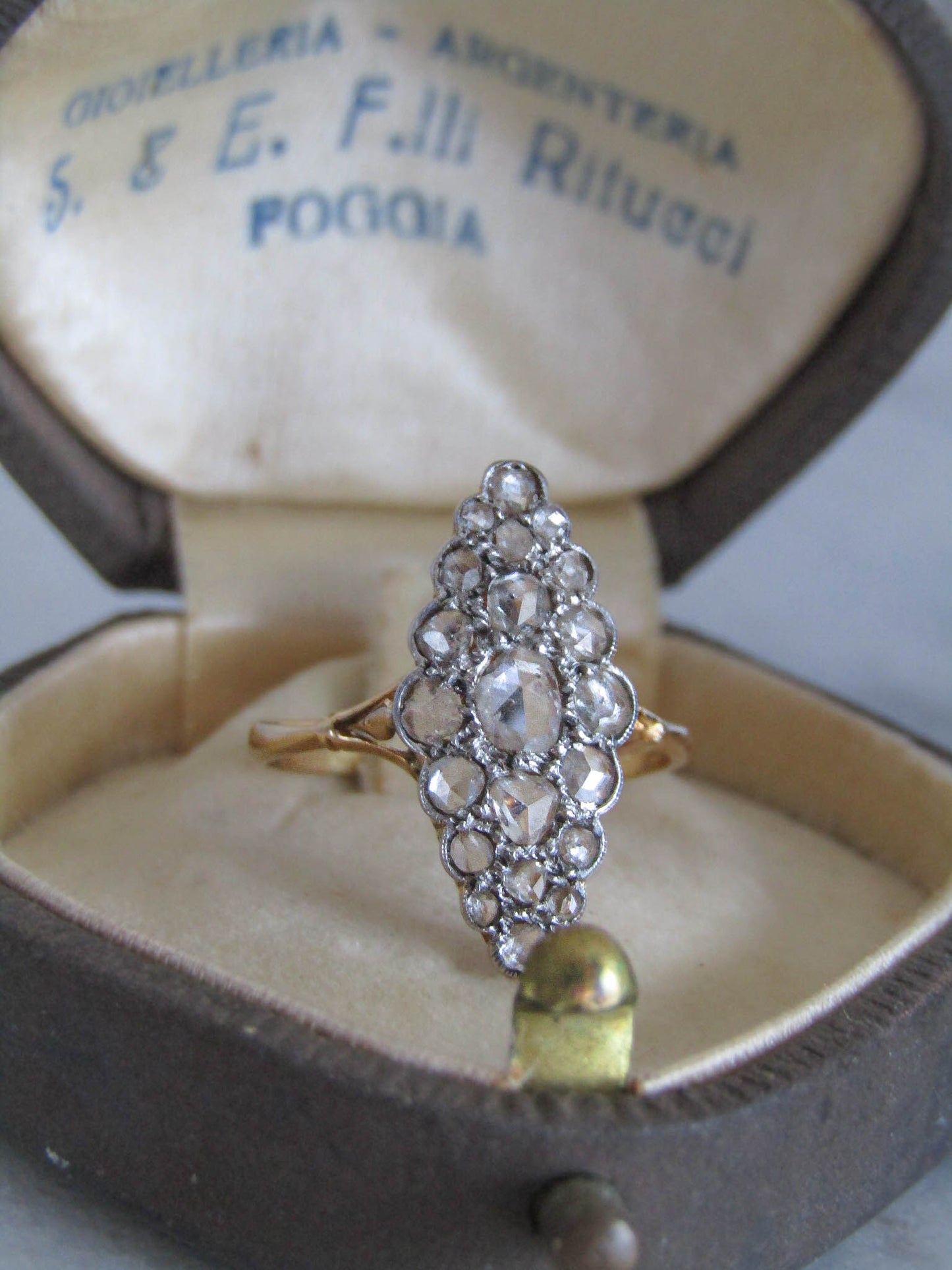 Edwardian Rose Cut Diamond Cluster Navette Ring, 18K Gold and Platinum Belle Epoque French Statement Ring c. 1900