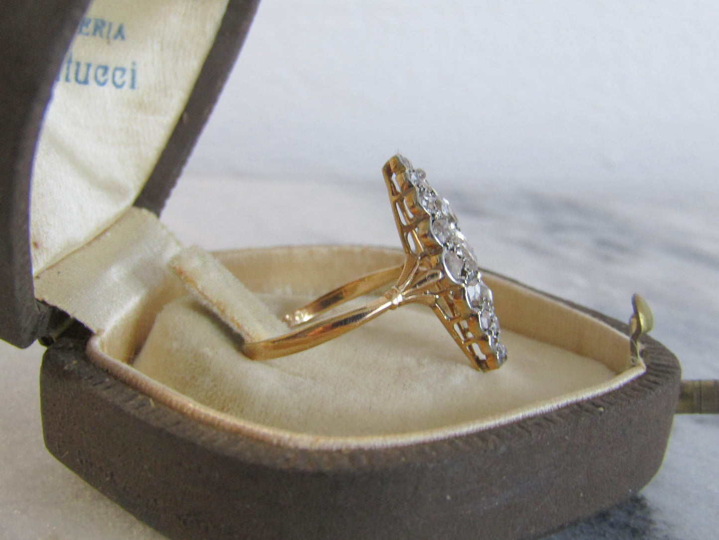 Edwardian Rose Cut Diamond Cluster Navette Ring, 18K Gold and Platinum Belle Epoque French Statement Ring c. 1900