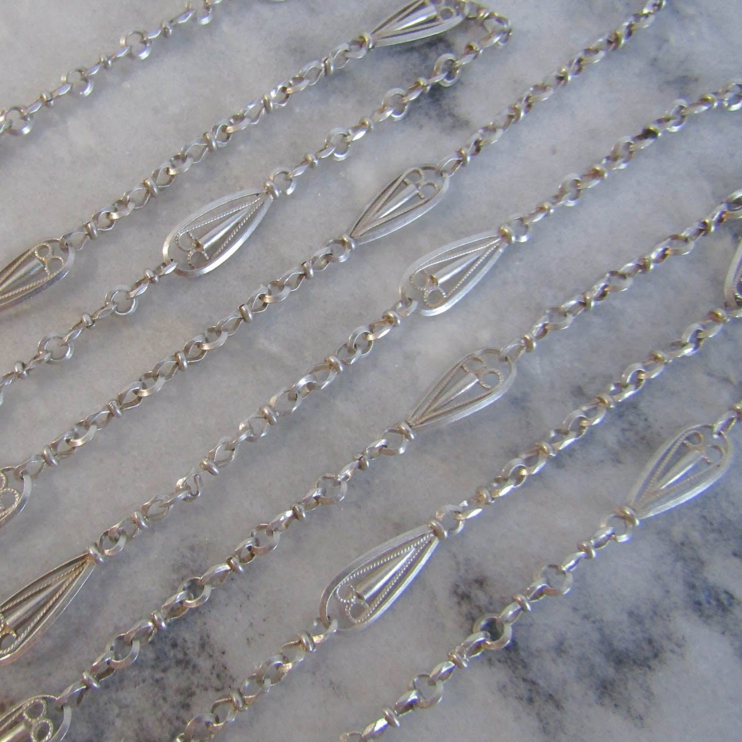 57" Victorian Silver Long Guard Chain, Antique French Belle Epoque Fancy Chain