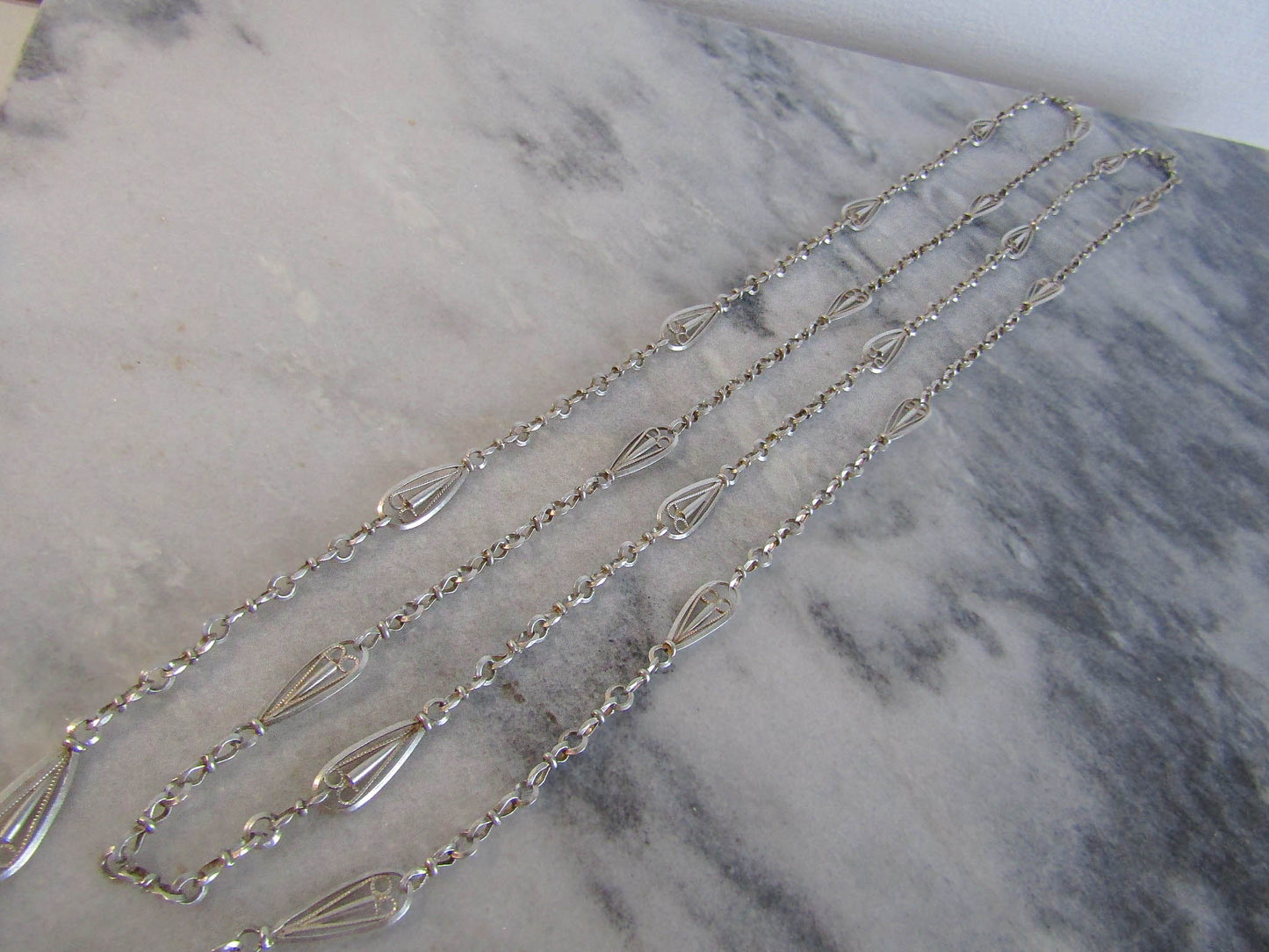 57" Victorian Silver Long Guard Chain, Antique French Belle Epoque Fancy Chain