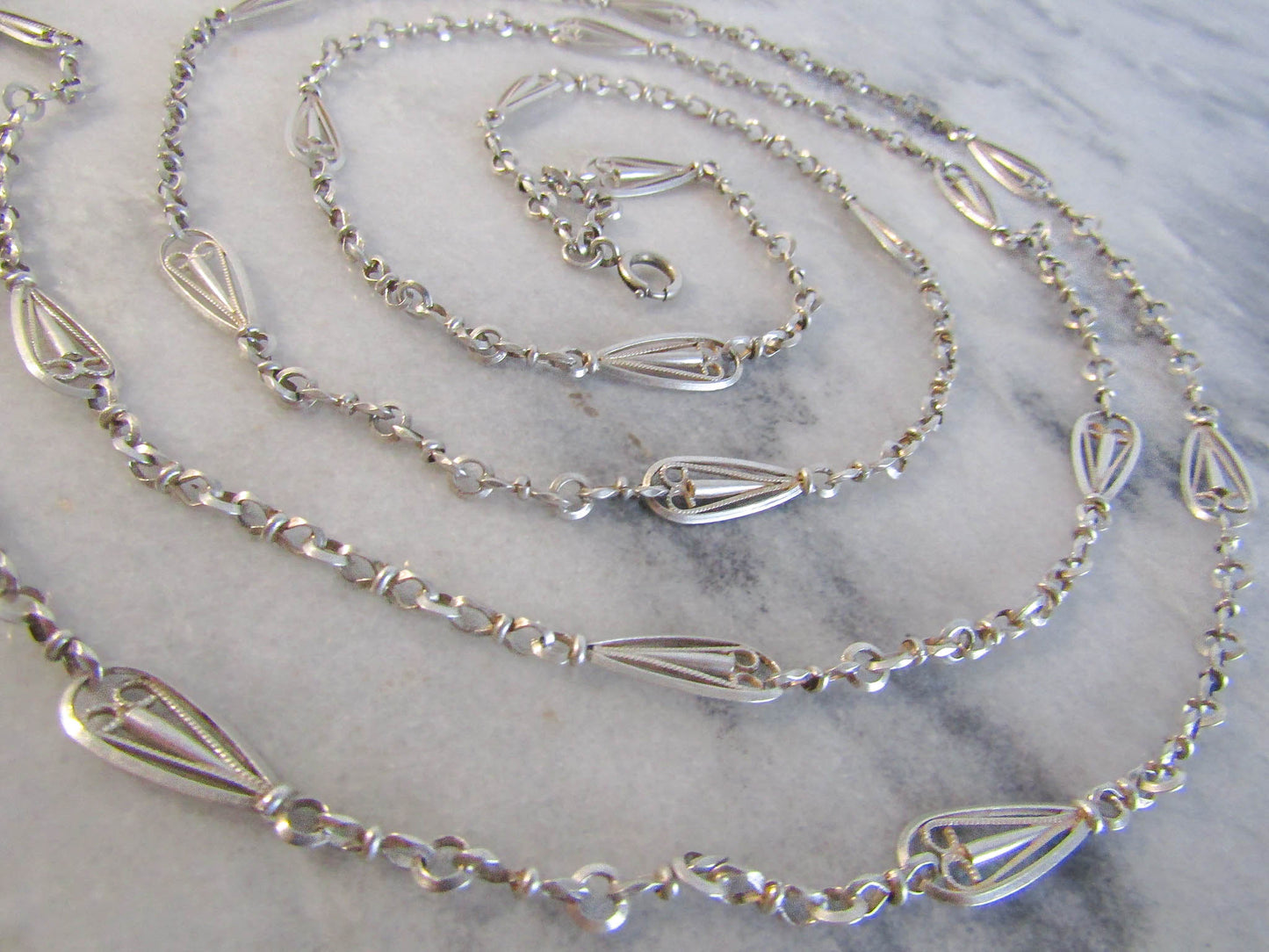 57" Victorian Silver Long Guard Chain, Antique French Belle Epoque Fancy Chain