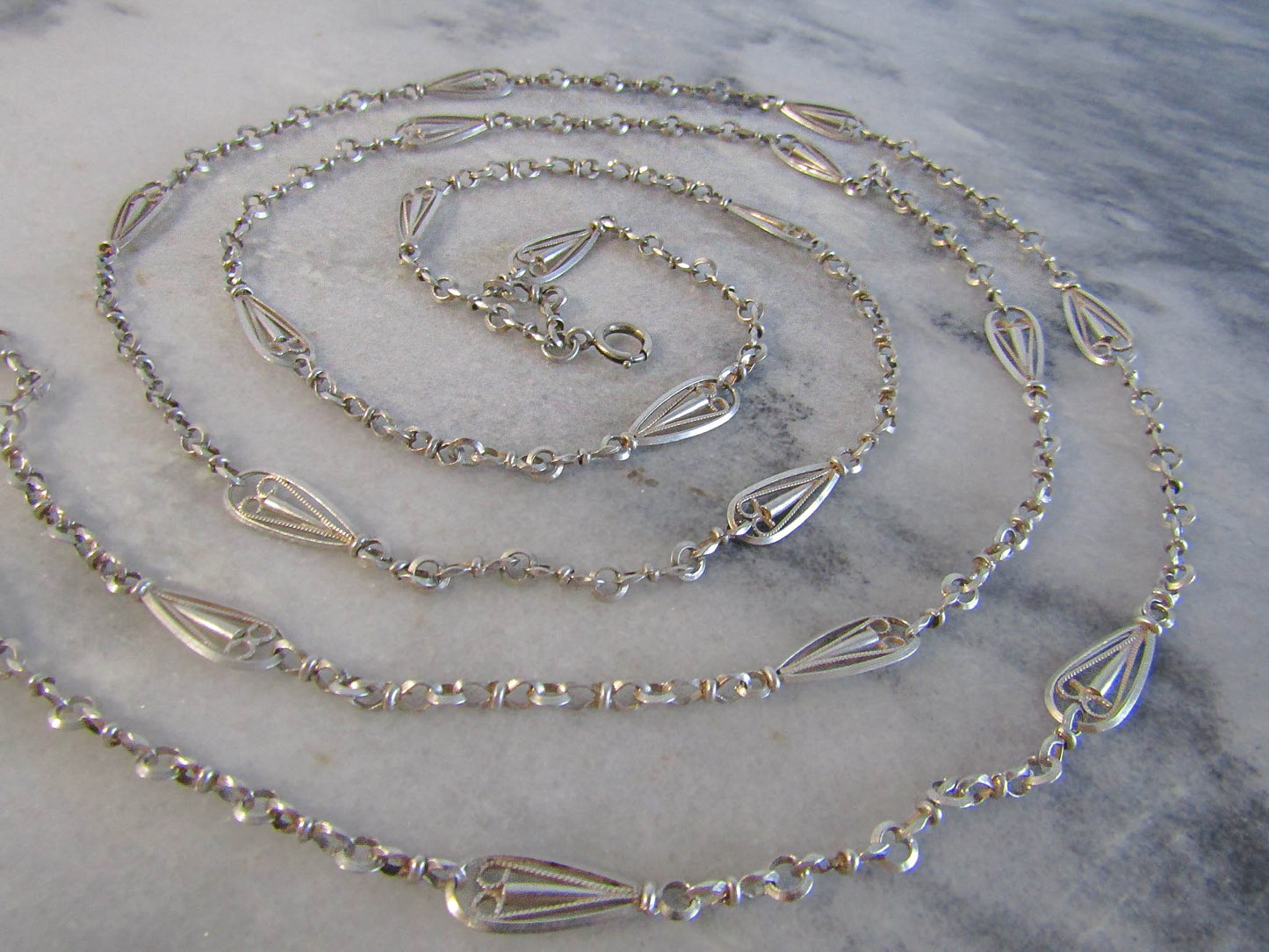 57" Victorian Silver Long Guard Chain, Antique French Belle Epoque Fancy Chain